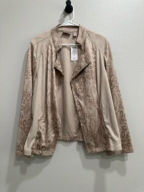 NWT Chico's Taupe faux suede Animal-Print Open Front Jacket,lightweight,Sz 3